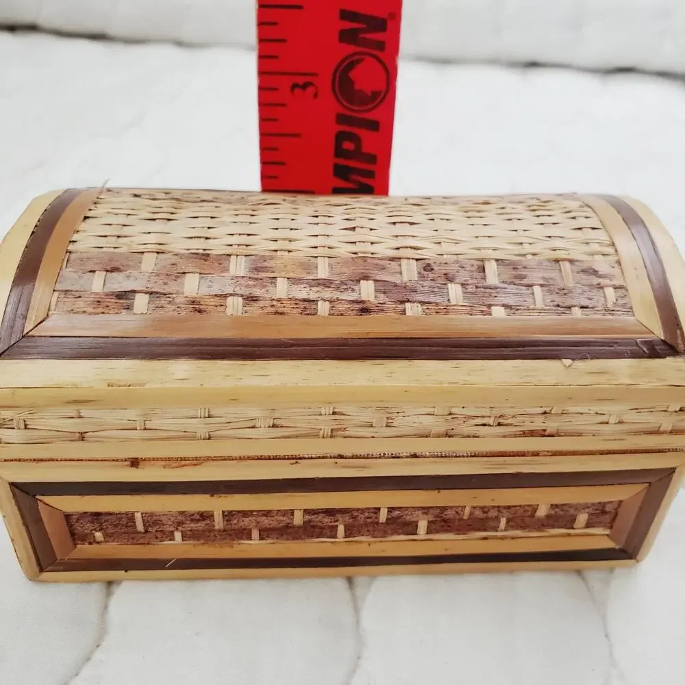Classic Vintage Asian Boho Chic Bamboo Wicker Rattan Chest Trunk Trinket Box